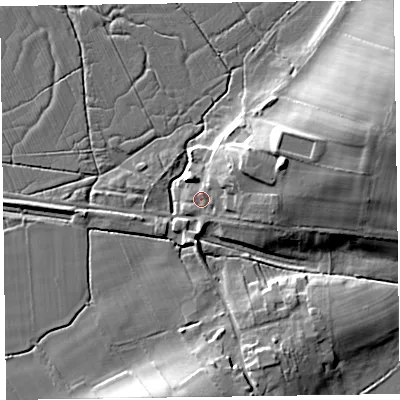 Shaded relief map of the ground around CA56AG, computed from Environment Agency LiDAR. The ground here sits at about 9 m above sea level and falls 16 m across the surrounding 800 m. Surface water reaching this point runs off ground lying to the east-north-east, 12.3 m higher.