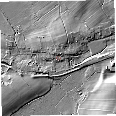 Shaded relief map of the ground around CA56AX, computed from Environment Agency LiDAR. The ground here sits at about 13 m above sea level and falls 18 m across the surrounding 800 m. Surface water reaching this point runs off ground lying to the north-north-east, 3.9 m higher.