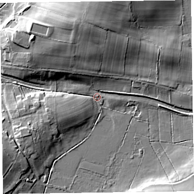 Shaded relief map of the ground around CA56BN, computed from Environment Agency LiDAR. The ground here sits at about 8 m above sea level and falls 16 m across the surrounding 800 m. Surface water reaching this point runs off ground lying to the south-east, 10.6 m higher.
