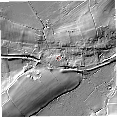 Shaded relief map of the ground around CA56BT, computed from Environment Agency LiDAR. The ground here sits at about 12 m above sea level and falls 12 m across the surrounding 800 m. Surface water reaching this point runs off ground lying to the south-west, 2.5 m higher.