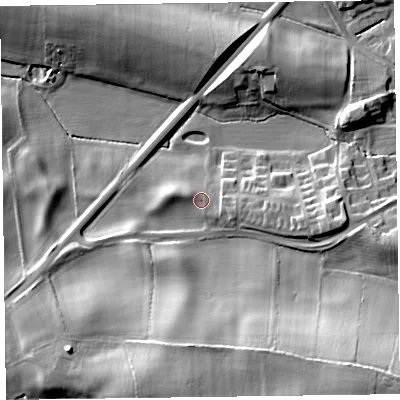 Shaded relief map of the ground around CA56BU, computed from Environment Agency LiDAR. The ground here sits at about 34 m above sea level and falls 25 m across the surrounding 800 m. Surface water reaching this point runs off ground lying to the west-north-west, 2.1 m higher.