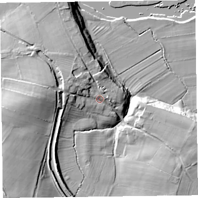 Shaded relief map of the ground around CA56DJ, computed from Environment Agency LiDAR. The ground here sits at about 17 m above sea level and falls 30 m across the surrounding 800 m. Surface water reaching this point runs off ground lying to the west-north-west, 7.8 m higher.