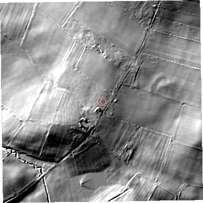 Shaded relief map of the ground around CA56DN, computed from Environment Agency LiDAR. The ground here sits at about 37 m above sea level and falls 16 m across the surrounding 800 m. Surface water reaching this point runs off ground lying to the south-west, 0.9 m higher.