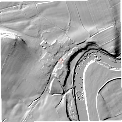 Shaded relief map of the ground around CA56DS, computed from Environment Agency LiDAR. The ground here sits at about 13 m above sea level and falls 15 m across the surrounding 800 m. Surface water reaching this point runs off ground lying to the south-east, 2.5 m higher.