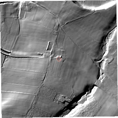 Shaded relief map of the ground around CA56DW, computed from Environment Agency LiDAR. The ground here sits at about 23 m above sea level and falls 27 m across the surrounding 800 m. Surface water reaching this point runs off ground lying to the south-south-west, 7.4 m higher.