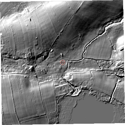 Shaded relief map of the ground around CA56EE, computed from Environment Agency LiDAR. The ground here sits at about 27 m above sea level and falls 21 m across the surrounding 800 m. Surface water reaching this point runs off ground lying to the south-west, 11.0 m higher.