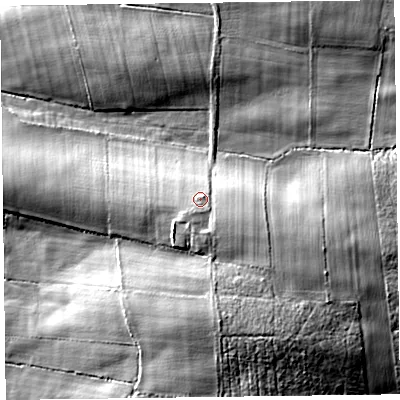 Shaded relief map of the ground around CA56EG, computed from Environment Agency LiDAR. The ground here sits at about 19 m above sea level and falls 14 m across the surrounding 800 m. Surface water reaching this point runs off ground lying to the south-south-east, 2.8 m higher.