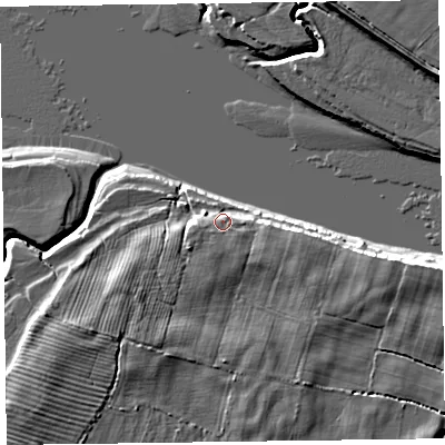 Shaded relief map of the ground around CA56EH, computed from Environment Agency LiDAR. The ground here sits at about 8 m above sea level and falls 6 m across the surrounding 800 m. Surface water reaching this point runs off ground lying to the south-west, 2.7 m higher.