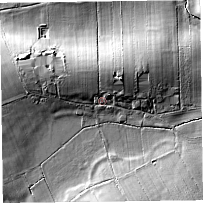 Shaded relief map of the ground around CA56EP, computed from Environment Agency LiDAR. The ground here sits at about 47 m above sea level and falls 16 m across the surrounding 800 m. Surface water reaching this point runs off ground lying to the north-north-east, 6.8 m higher.