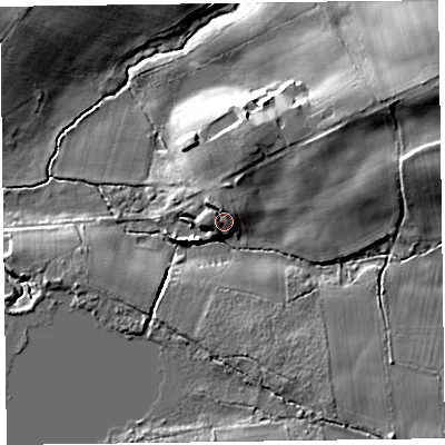 Shaded relief map of the ground around CA56HB, computed from Environment Agency LiDAR. The ground here sits at about 32 m above sea level and falls 16 m across the surrounding 800 m. Surface water reaching this point runs off ground lying to the north-north-west, 3.8 m higher.