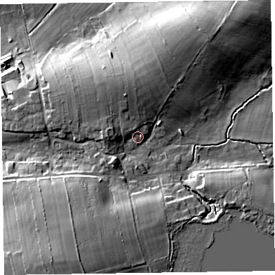 Shaded relief map of the ground around CA56HD, computed from Environment Agency LiDAR. The ground here sits at about 28 m above sea level and falls 22 m across the surrounding 800 m. Surface water reaching this point runs off ground lying to the south-south-west, 10.9 m higher.