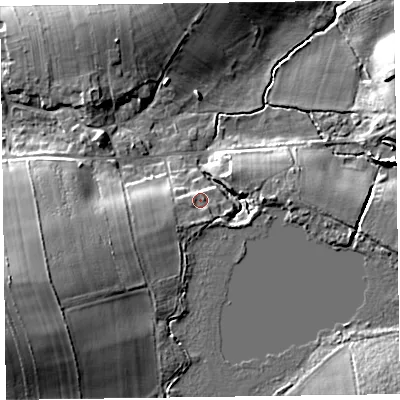 Shaded relief map of the ground around CA56HJ, computed from Environment Agency LiDAR. The ground here sits at about 31 m above sea level and falls 16 m across the surrounding 800 m. Surface water reaching this point runs off ground lying to the south-west, 2.2 m higher.