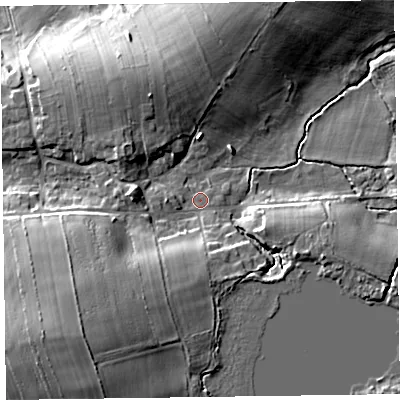 Shaded relief map of the ground around CA56HQ, computed from Environment Agency LiDAR. The ground here sits at about 27 m above sea level and falls 21 m across the surrounding 800 m. Surface water reaching this point runs off ground lying to the south-west, 10.4 m higher.