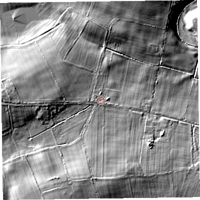 Shaded relief map of the ground around CA56JJ, computed from Environment Agency LiDAR. The ground here sits at about 35 m above sea level and falls 18 m across the surrounding 800 m. Surface water reaching this point runs off ground lying to the south-south-west, 7.5 m higher.