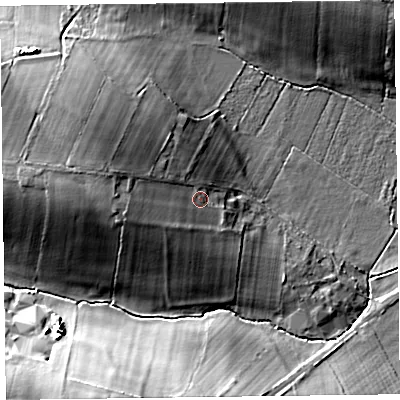 Shaded relief map of the ground around CA56LH, computed from Environment Agency LiDAR. The ground here sits at about 48 m above sea level and falls 16 m across the surrounding 800 m. Surface water reaching this point runs off ground lying to the west-north-west, 5.2 m higher.