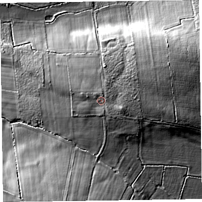 Shaded relief map of the ground around CA56NF, computed from Environment Agency LiDAR. The ground here sits at about 44 m above sea level and falls 21 m across the surrounding 800 m. Surface water reaching this point runs off ground lying to the south-east, 1.3 m higher.