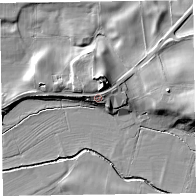 Shaded relief map of the ground around CA56PX, computed from Environment Agency LiDAR. The ground here sits at about 33 m above sea level and falls 20 m across the surrounding 800 m. Surface water reaching this point runs off ground lying to the north-north-east, 7.9 m higher.