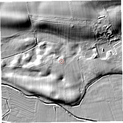 Shaded relief map of the ground around CA56QD, computed from Environment Agency LiDAR. The ground here sits at about 24 m above sea level and falls 15 m across the surrounding 800 m. Surface water reaching this point runs off ground lying to the south-west, 1.3 m higher.