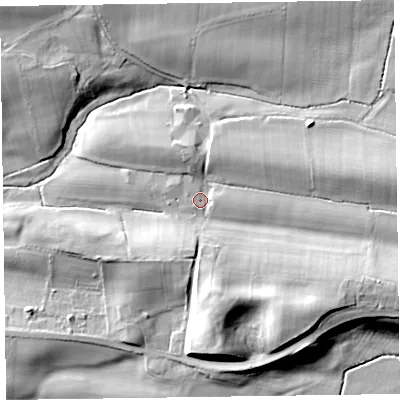 Shaded relief map of the ground around CA56QL, computed from Environment Agency LiDAR. The ground here sits at about 31 m above sea level and falls 18 m across the surrounding 800 m. Surface water reaching this point runs off ground lying to the east, 5.8 m higher.
