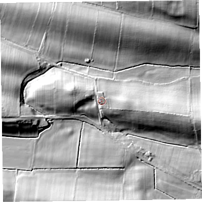 Shaded relief map of the ground around CA56QW, computed from Environment Agency LiDAR. The ground here sits at about 38 m above sea level and falls 25 m across the surrounding 800 m. Surface water reaching this point runs off ground lying to the north-west, 2.7 m higher.