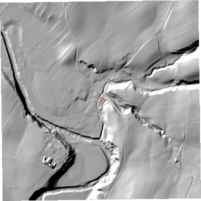 Shaded relief map of the ground around CA57AH, computed from Environment Agency LiDAR. The ground here sits at about 68 m above sea level and falls 52 m across the surrounding 800 m. Surface water reaching this point runs off ground lying to the south-east, 17.9 m higher.