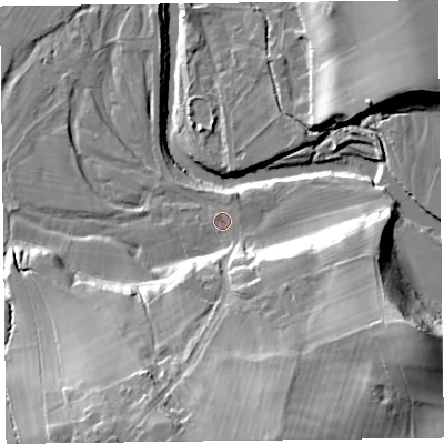 Shaded relief map of the ground around CA57BH, computed from Environment Agency LiDAR. The ground here sits at about 49 m above sea level and falls 33 m across the surrounding 800 m. Surface water reaching this point runs off ground lying to the south-south-east, 26.2 m higher.