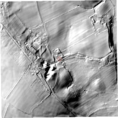 Shaded relief map of the ground around CA57BX, computed from Environment Agency LiDAR. The ground here sits at about 76 m above sea level and falls 55 m across the surrounding 800 m. Surface water reaching this point runs off ground lying to the south-west, 37.6 m higher.