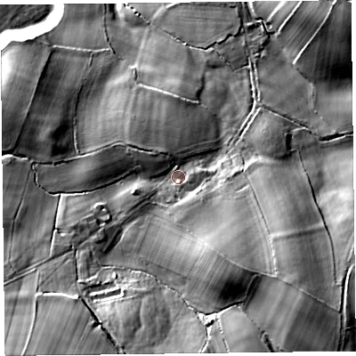 Shaded relief map of the ground around CA57DE, computed from Environment Agency LiDAR. The ground here sits at about 95 m above sea level and falls 41 m across the surrounding 800 m. Surface water reaching this point runs off ground lying to the south-east, 11.8 m higher.