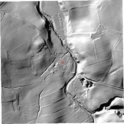 Shaded relief map of the ground around CA57DN, computed from Environment Agency LiDAR. The ground here sits at about 76 m above sea level and falls 43 m across the surrounding 800 m. Surface water reaching this point runs off ground lying to the south-west, 25.4 m higher.