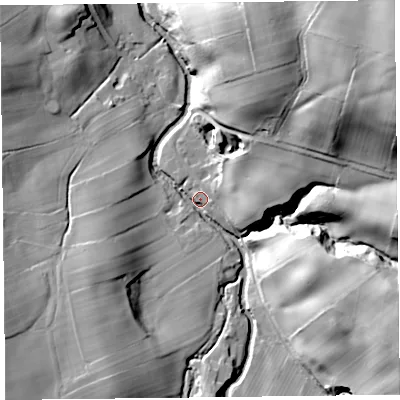 Shaded relief map of the ground around CA57DP, computed from Environment Agency LiDAR. The ground here sits at about 78 m above sea level and falls 45 m across the surrounding 800 m. Surface water reaching this point runs off ground lying to the east-north-east, 41.9 m higher.