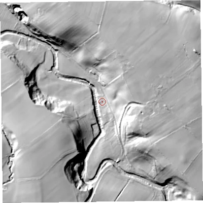 Shaded relief map of the ground around CA57DR, computed from Environment Agency LiDAR. The ground here sits at about 84 m above sea level and falls 45 m across the surrounding 800 m. Surface water reaching this point runs off ground lying to the east-north-east, 39.6 m higher.