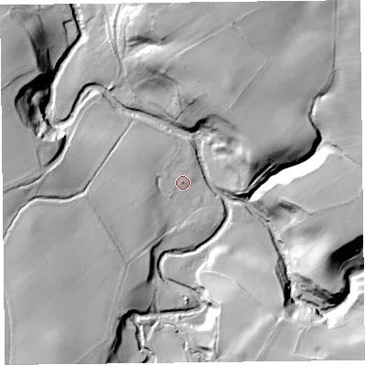Shaded relief map of the ground around CA57DS, computed from Environment Agency LiDAR. The ground here sits at about 87 m above sea level and falls 36 m across the surrounding 800 m. Surface water reaching this point runs off ground lying to the south-west, 1.6 m higher.
