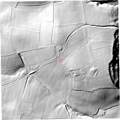 Shaded relief map of the ground around CA57ET, computed from Environment Agency LiDAR. The ground here sits at about 122 m above sea level and falls 47 m across the surrounding 800 m. Surface water reaching this point runs off ground lying to the north-west, 3.0 m higher.