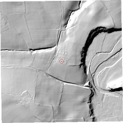 Shaded relief map of the ground around CA57HA, computed from Environment Agency LiDAR. The ground here sits at about 114 m above sea level and falls 51 m across the surrounding 800 m. Surface water reaching this point runs off ground lying to the south-south-west, 1.5 m higher.