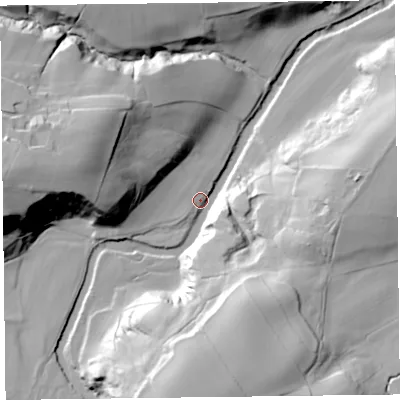 Shaded relief map of the ground around CA57HB, computed from Environment Agency LiDAR. The ground here sits at about 97 m above sea level and falls 47 m across the surrounding 800 m. Surface water reaching this point runs off ground lying to the west, 44.6 m higher.