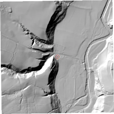 Shaded relief map of the ground around CA57HP, computed from Environment Agency LiDAR. The ground here sits at about 106 m above sea level and falls 73 m across the surrounding 800 m. Surface water reaching this point runs off ground lying to the west-south-west, 57.2 m higher.