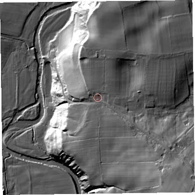 Shaded relief map of the ground around CA57HR, computed from Environment Agency LiDAR. The ground here sits at about 135 m above sea level and falls 61 m across the surrounding 800 m. Surface water reaching this point runs off ground lying to the south-east, 6.8 m higher.