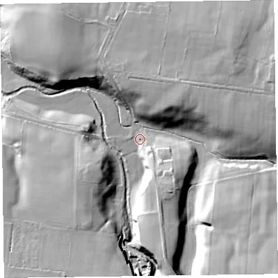 Shaded relief map of the ground around CA57JH, computed from Environment Agency LiDAR. The ground here sits at about 46 m above sea level and falls 27 m across the surrounding 800 m. Surface water reaching this point runs off ground lying to the south-south-east, 17.0 m higher.