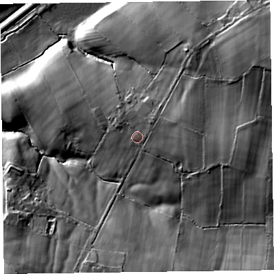Shaded relief map of the ground around CA57JQ, computed from Environment Agency LiDAR. The ground here sits at about 52 m above sea level and falls 29 m across the surrounding 800 m. Surface water reaching this point runs off ground lying to the east-north-east, 1.6 m higher.