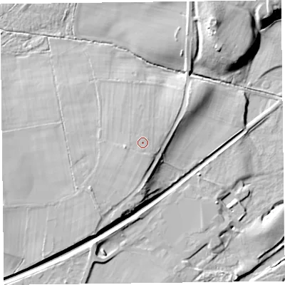 Shaded relief map of the ground around CA57JS, computed from Environment Agency LiDAR. The ground here sits at about 45 m above sea level and falls 15 m across the surrounding 800 m. Surface water reaching this point runs off ground lying to the south-south-west, 2.1 m higher.
