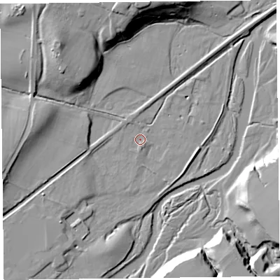 Shaded relief map of the ground around CA57JU, computed from Environment Agency LiDAR. The ground here sits at about 36 m above sea level and falls 22 m across the surrounding 800 m. Surface water reaching this point runs off ground lying to the south, 1.6 m higher.