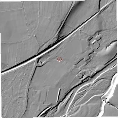 Shaded relief map of the ground around CA57NH, computed from Environment Agency LiDAR. The ground here sits at about 39 m above sea level and falls 16 m across the surrounding 800 m. Surface water reaching this point runs off ground lying to the south-west, 3.5 m higher.