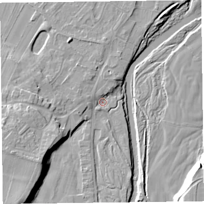 Shaded relief map of the ground around CA57PH, computed from Environment Agency LiDAR. The ground here sits at about 41 m above sea level and falls 20 m across the surrounding 800 m. Surface water reaching this point runs off ground lying to the west, 3.2 m higher.