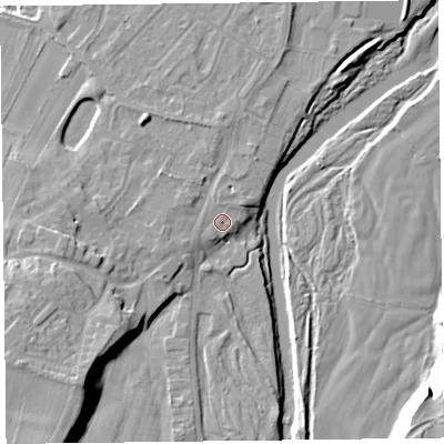 Shaded relief map of the ground around CA57PJ, computed from Environment Agency LiDAR. The ground here sits at about 43 m above sea level and falls 20 m across the surrounding 800 m. Surface water reaching this point runs off ground lying to the north-east, 0.8 m higher.