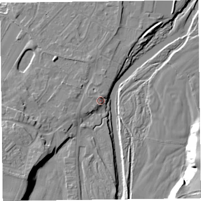 Shaded relief map of the ground around CA57PL, computed from Environment Agency LiDAR. The ground here sits at about 43 m above sea level and falls 22 m across the surrounding 800 m. Surface water reaching this point runs off ground lying to the north-west, 2.9 m higher.