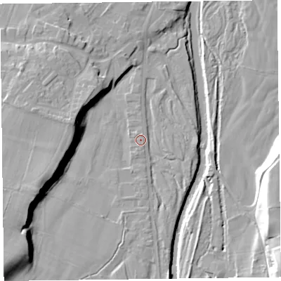 Shaded relief map of the ground around CA57QB, computed from Environment Agency LiDAR. The ground here sits at about 43 m above sea level and falls 20 m across the surrounding 800 m. Surface water reaching this point runs off ground lying to the south-south-west, 0.9 m higher.