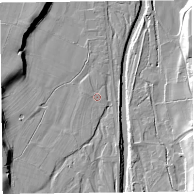 Shaded relief map of the ground around CA57QD, computed from Environment Agency LiDAR. The ground here sits at about 45 m above sea level and falls 19 m across the surrounding 800 m. Surface water reaching this point runs off ground lying to the south-south-west, 1.8 m higher.