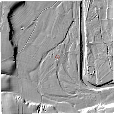 Shaded relief map of the ground around CA57QE, computed from Environment Agency LiDAR. The ground here sits at about 47 m above sea level and falls 23 m across the surrounding 800 m. Surface water reaching this point runs off ground lying to the south-south-west, 0.8 m higher.