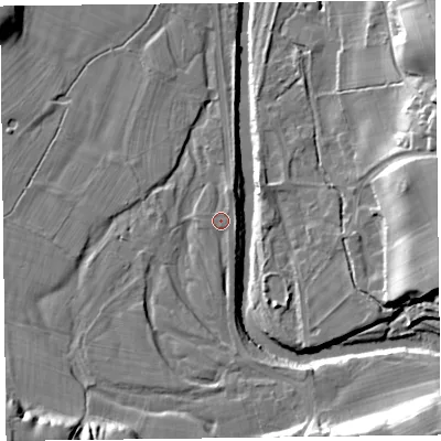 Shaded relief map of the ground around CA57QF, computed from Environment Agency LiDAR. The ground here sits at about 47 m above sea level and falls 22 m across the surrounding 800 m. Surface water reaching this point runs off ground lying to the north-north-east, 2.3 m higher.