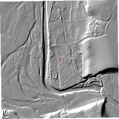Shaded relief map of the ground around CA57QG, computed from Environment Agency LiDAR. The ground here sits at about 47 m above sea level and falls 25 m across the surrounding 800 m. Surface water reaching this point runs off ground lying to the south-east, 7.4 m higher.
